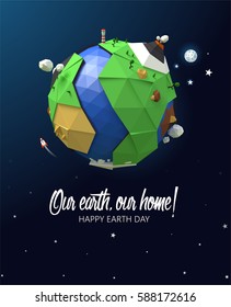 Vector poster with low poly globe for Happy Earth Day holiday, polygonal icon. 