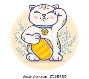 Vector poster with lucky cat. Neko on beige backround with plants. Vector kawaii lucky cat.
