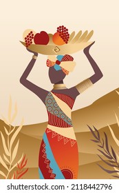 Vector, poster, luxurious African woman in traditional dress. Collection of contemporary art. 