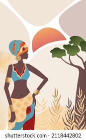 Vector, poster, luxurious African woman in traditional dress. Collection of contemporary art. 