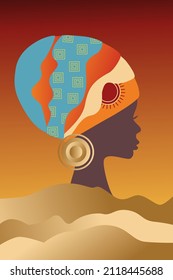 Vector, poster, luxurious African woman portrait, woman's profile. Collection of contemporary art.  Poster in trandy style