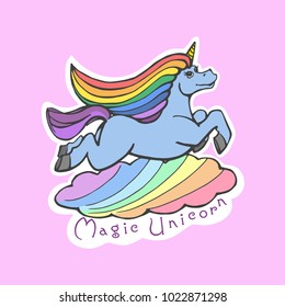 Vector poster magic unicorn. Cheerful blue unicorn on a rainbow cloud
