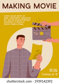 Vector poster of Making Movie concept. Backstage of filmmaking, actor reads script, hands holding director clapperboard. Cinema production industry. Character illustration of advertising banner design