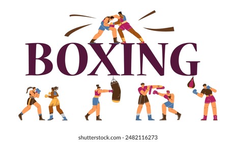 Vector poster with male and female boxers with sports gloves and sportswear are hitting each other and a punching bag, which is perfect for martial arts content.