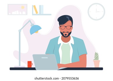 Vector poster with a man and a laptop. Office worker. Flat design.