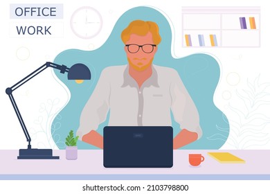 Vector poster with a man and a laptop. Office worker. Flat design