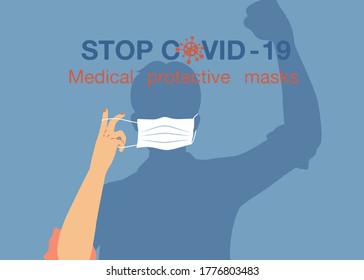 Vector - poster man with medical face mask, fighting coronavirus vector illustration design