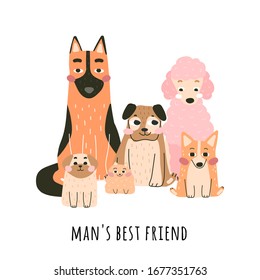 Cartel vectorial "El mejor amigo del hombre" con lindos perros de diferentes razas. Ilustración dibujada a mano