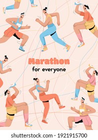 Vector poster of Marathon for Everyone concept. Men and women running race and drinking water. Sport competitions, athletics event, triathlon championship. Character illustration of advertising banner