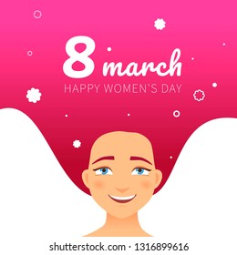 Vector poster for March 8. Cartoon cute girl with long pink hair. Happy women's day
