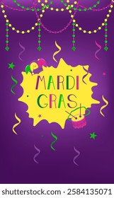 Vector poster for Mardi Gras carnival with text in vertical form with purple background. Party invitation with beads and confetti. Multicolored and rainbow background for the holiday