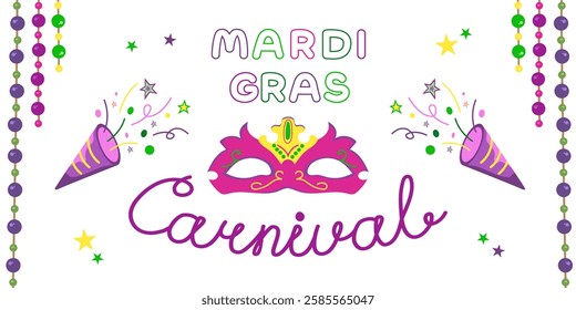 Vector poster for Mardi Gras carnival with text. Party invitation with beads and mask. Colorful and rainbow background for the holiday