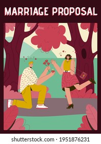 Vector poster of marriage proposal concept. Man gives wedding ring to woman at city park. Happy couple is getting engaged. Event invitation design. Character illustration of advertising banner
