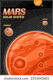 Vector Poster for Mars, vertical banner with illustration of rotating rock satellites around cartoon mars planet on black starry background, decorative a4 cosmo leaflet with words mars - solar system
