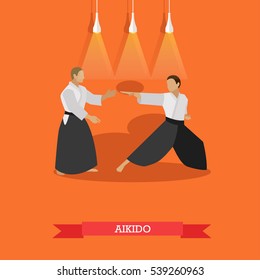 Vector poster of martial arts. Aikido. Fighters in sport positions. Flat design.