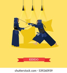 Vector poster of martial arts. Kendo. Fighters in sport positions. Flat design.