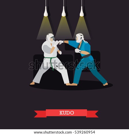 Vector poster of martial arts. Kudo. Fighters in sport positions. Flat design.