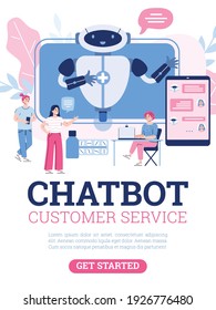 Vector Poster With Medical Chatbot, Robot On Screen For Service And Support Patients. People Use Technology Of Future Receive Consultation Treatment Or Buy Medication Online.