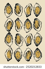 Vector poster with Mediterranean seafoods. Hand-drawn oysters card isolated on beige background. Tasty food for design, print, fabric or background.