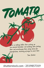 Cartaz vetorial com tomates mediterrânicos. Tomates beijados pelo sol mediterrâneo. Cartão desenhado à mão isolado sobre fundo bege. Comida saborosa para design, impressão, tecido ou fundo.