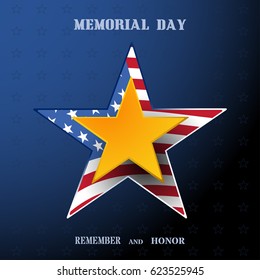 Vector poster of Memorial Day with gold star, shadow and text on the dark blue gradient background with usa flag.