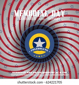 Vector poster of Memorial Day with label cut from paper and shadow on the gradient gray background with red twisted rays and blue stars.