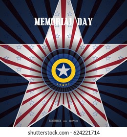 Vector poster of Memorial Day with label cut from paper, cutout in the shape of a star and shadow on the gradient blue background with red rays and blue stars.
