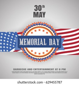 Vector poster of Memorial Day with label, stripe, shadow and text on the gradient gray background with usa flag.