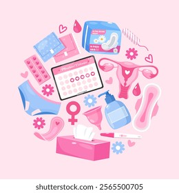 Vector poster with menstruation period icons in circle frame isolated on light pink background.