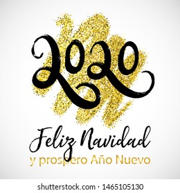 Vector poster Merry Christmas and Happy new Year in Spanish language- Feliz Navidad y prospero Año Nuevo. Typography lettering greeting card. 2020 Text Design for festive card, logo, calendar, party.