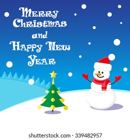 Vector poster Merry Christmas and Happy New Year with Snowman in santa claus hat on blue background
