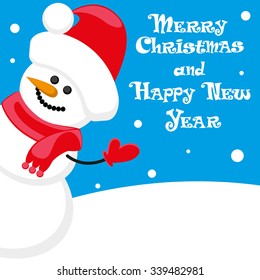 Vector poster Merry Christmas and Happy New Year with Snowman in santa claus hat on blue background