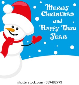 Vector poster Merry Christmas and Happy New Year with Snowman in santa claus hat on blue background