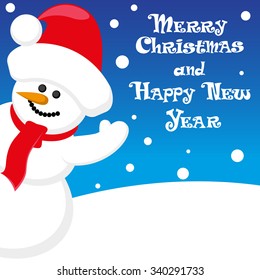Vector poster Merry Christmas and Happy New Year with Snowman in santa claus hat on blue background