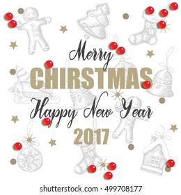 Vector poster with Merry Christmas and Happy New Year on the background of Christmas symbols and golden tinsel. 