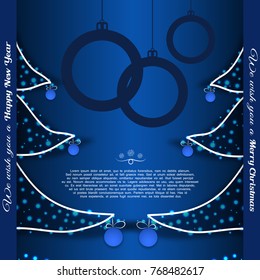 Vector poster to Merry Christmas and Happy New Year with silhouette of Christmas trees, balls, text on the gradient blue background with shadow.