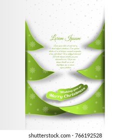 Vector poster for Merry Christmas with inserts in the form of a two green Christmas tree cut from paper and curved text on the light background with snowfall pattern.