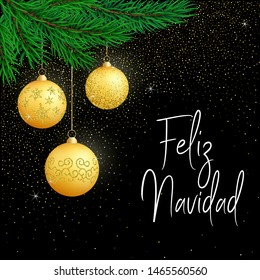 Vector poster Merry Christmas, in Spanish language- Feliz Navidad. Christmas typography card with golden balls, glitter, bright decoration element and text. Festive Xmas banner on black background. 
