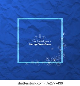 Vector poster to Merry Christmas with square frame with snowflakes on the gradient blue background with a pattern of crumpled paper.