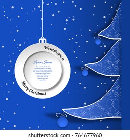 Vector poster to Merry Christmas with Christmas tree and ball cut from paper on the gradient blue background.