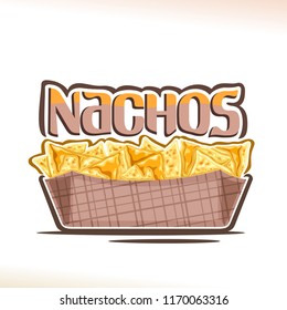 Vector poster for Mexican Nachos, triangle slices of corn chips poured melted cheese in cardboard dish, original typeface for word nachos, design logo for menu of fast food cafe with mexican cuisine.