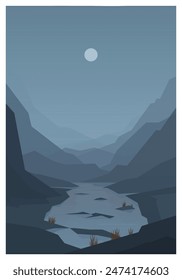 Vector poster. Minimalist landscape. Simple background. Mountain ranges. River and fog among the rocks. Gray, blue and red shades. Reflection in water.