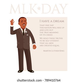 Vector Poster MLK Day With Flat Portrait Of Dr. Martin Luther King Jr. Afro American Orator Makes A Speech. Text Cites A Fragment Of The Famous Speech 'I Have A Dream'. Picture With A Vintage Palette.