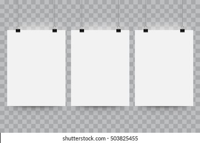 Vector poster mockup. A4 blank paper mock up hanging on office clip. Paper gallery set on transparent background.