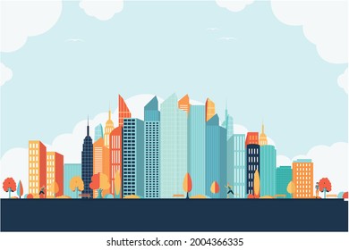 Vector poster with modern city view.  Modern metropolis.	 Trendy colors