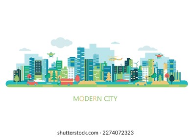 Vector poster with modern city view. Smart city.