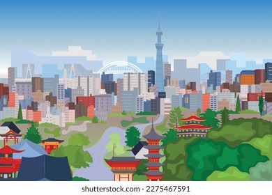 Afiche vectorial con vistas modernas a la ciudad. Paisaje urbano. Edificios y arquitectura asiáticos.