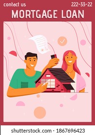 Vector poster of Mortgage Loan concept. Young family chooses future housing. Happy couple holding model of home. Real estate agency, buying housing, property. Vector illustration of advertising banner