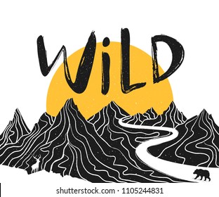 Vector poster with mountain landscape, deer, bear and lettering word - WILD