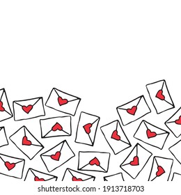 Afiche vectorial, Montaña de cartas de amor como telón de fondo para el día de San Valentín. Sobres con corazones rojos al estilo del doodle. Muchas tarjetas de San Valentín para ti